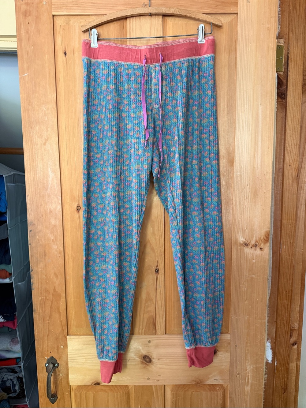 NATURAL LIFE Teal Ribbed Joggers with Pink Waistband & Cuffs
